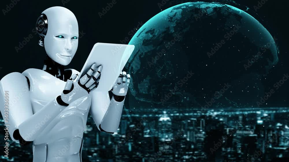 Poster ai robot huminoid uses cloud computing technology to store data on online server . futuristic concep