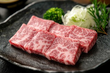 Fototapeta premium Wagyu Beef Cuts on Plate Ready for Grilling or Cooking