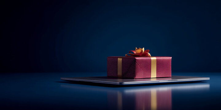 Red gift box with gold ribbon on laptop, dark blue background, showcasing online gift delivery or e-commerce concept