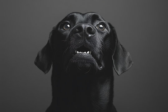 Black dog portrait against a plain background. The dog has an upward gaze, displaying an open mouth with teeth showing, creating a goofy and endearing expression.