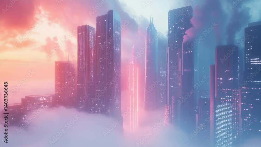 Poster A aerial view of a city floating in the clouds, ideal for illustrations and designs related to utopia, futuristic concepts or sci-fi stories.
