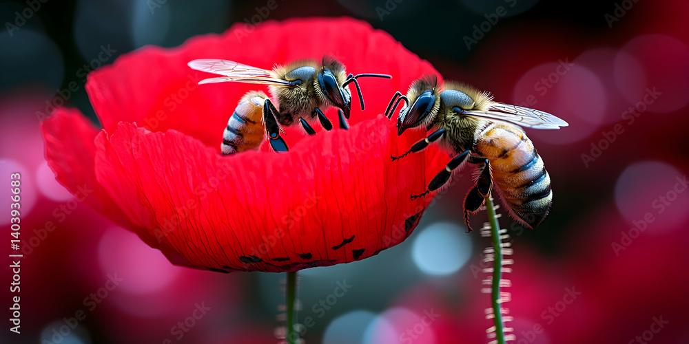 Poster two bees resting inside a red poppy with detailed wings and colorful segmented bodies