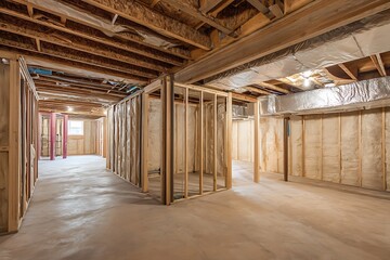 Rustic charm is captured in an unfinished basement showcasing wood frames and essential insulation.