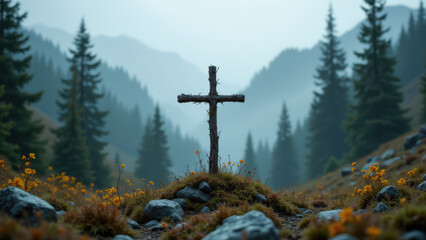 Obraz premium This is a captivating image depicting a Christian cross situated in a serene natural setting, symbolizing faith and spirituality amidst nature's grandeur.