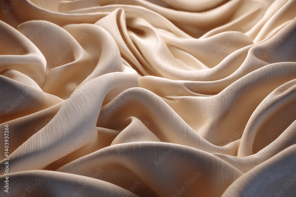 Poster soft beige fabric texture, draped in elegant folds, showcasing a smooth and luxurious surface, ideal