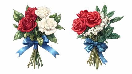 Two bouquets of red and white roses