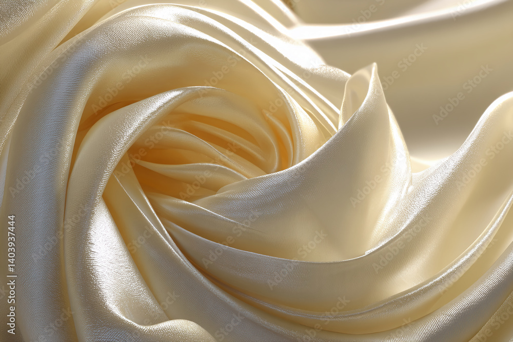 Poster cream-colored satin fabric, softly draped in swirling folds, showcasing a luxurious texture and smoo