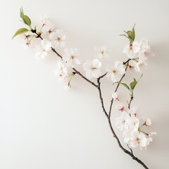 Obraz premium Delicate Cherry Blossom Sprig: An Illustration of White and Pale Pink Cherry Blossoms on Dark Twigs with Small Green Leaves.