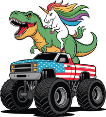 Unicorn Riding T-rex Monster Truck us flag