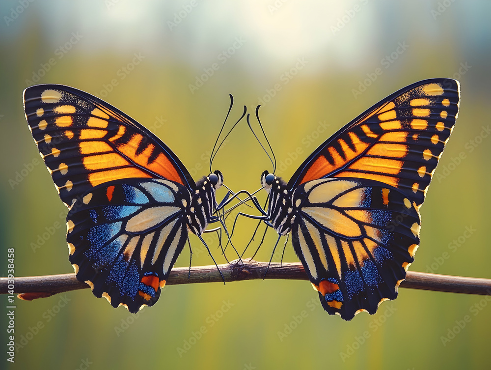 Poster two butterflies face each other on a branch wings displaying intricate patterns of orange and blue