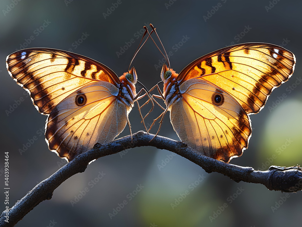 Poster two butterflies face each other on a branch with patterned wings in amber hues translucent texture