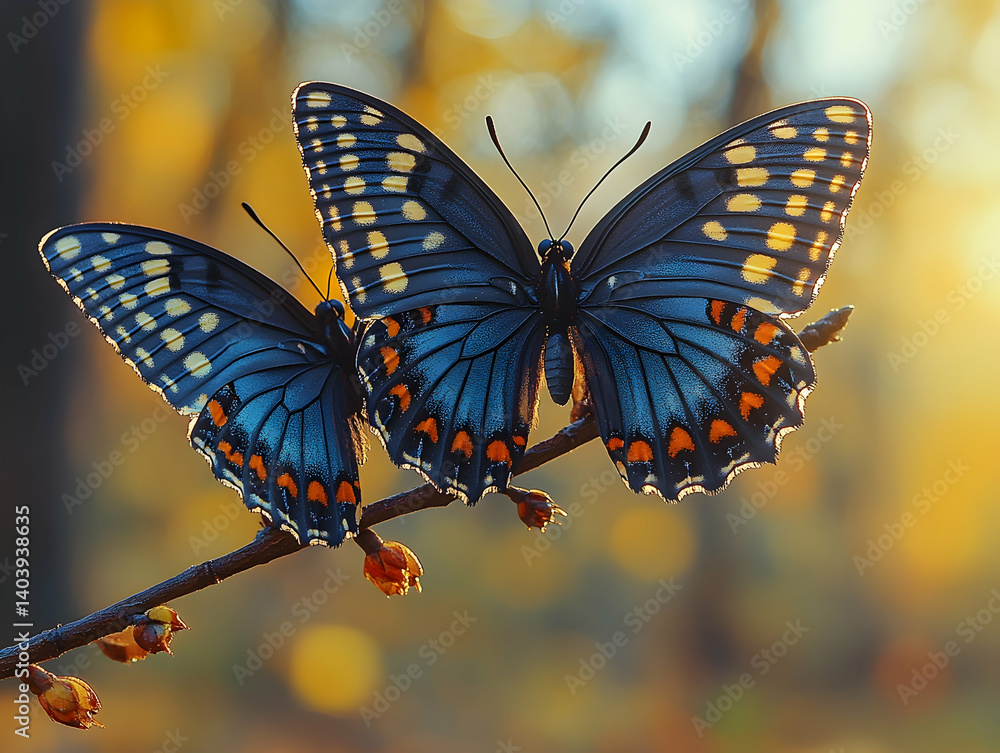 Poster two butterflies perch on a branch wings displaying vibrant patterns against a blurred golden backdro