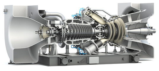 Gas Turbine. Cross section and internal structure of the combustion chamber with axle and impellers. 3D render