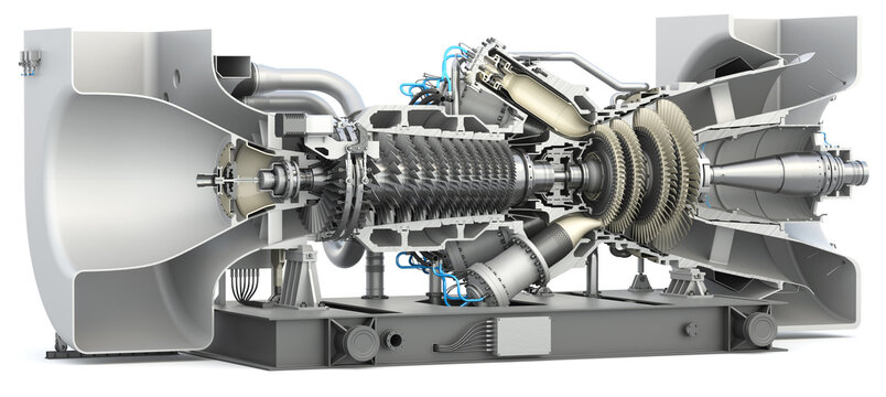 Gas Turbine. Cross section and internal structure of the combustion chamber with axle and impellers. 3D render