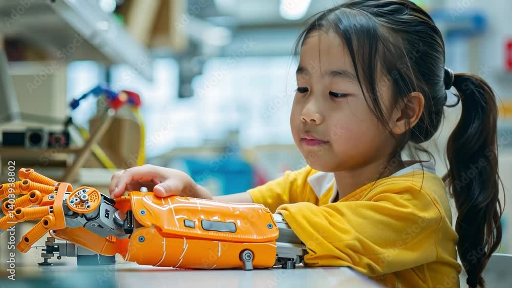 Aufkleber a young girl wearing a yellow shirt interacts with her colorful robotic arm while exploring creative