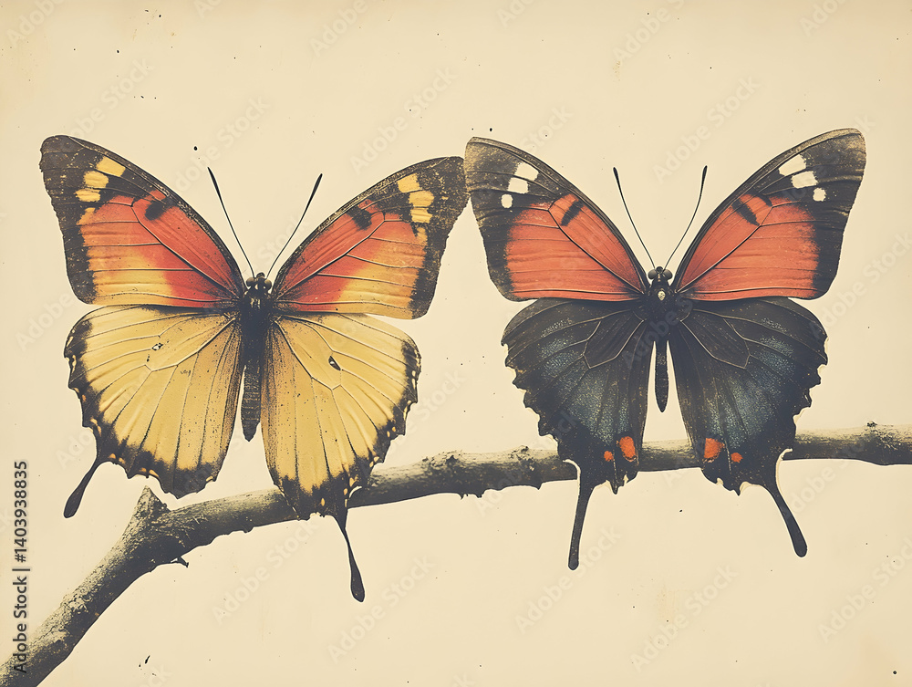 Poster two butterflies with intricate patterns on a branch orange and yellow wings