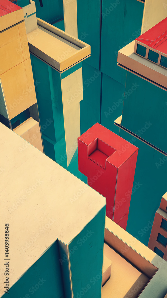 Poster abstract image of teal, beige, and red geometric shapes, resembling stylized buildings, creating a m