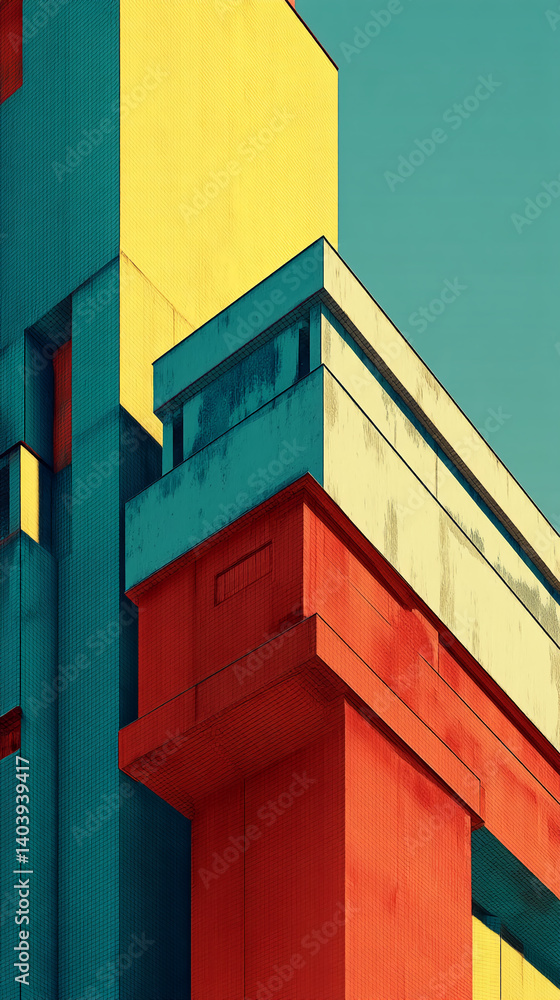 Poster Abstract image of building facade with teal, yellow, and red geometric sections, showcasing architectural design and color contrast, ideal for modern design concepts