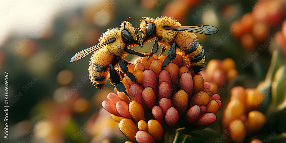 Poster Two fuzzy bees rest on a vibrant flower with soft blurred greenery in the background