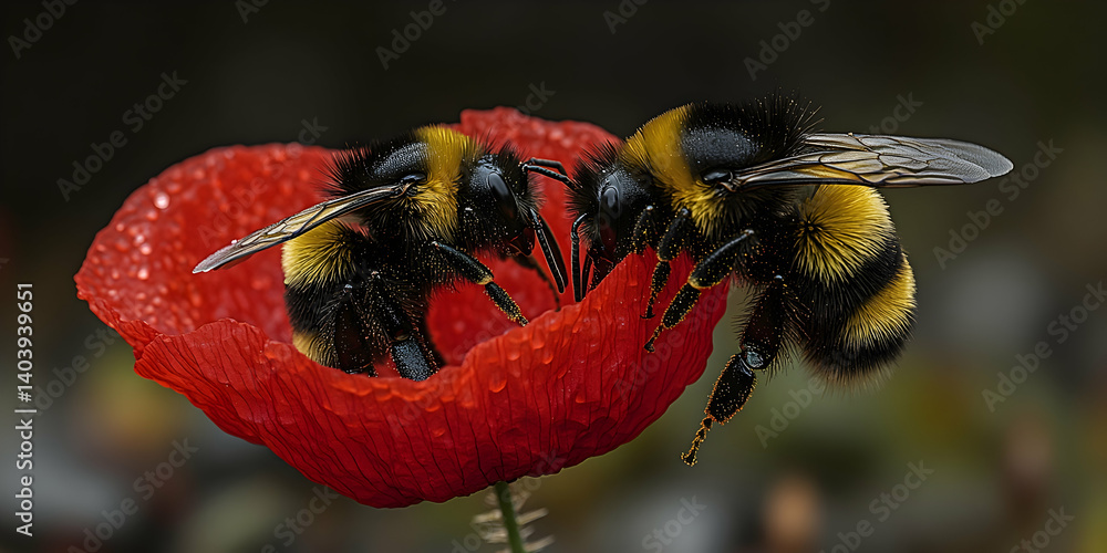 Poster two fuzzy bumblebees perch on a vibrant red flower with water droplets creating a striking macro ima