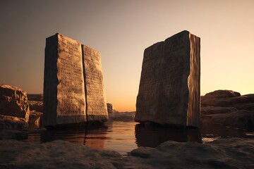 Stone tablets of the Ten Commandments and a Bible book situated between them at sunset. Chiseled Prophecy. Illustration.