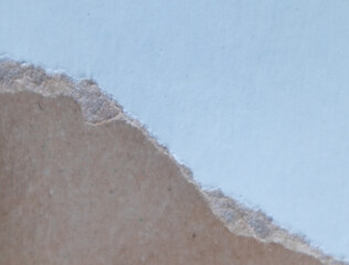 Edge of ripped paperboard. Paper background.