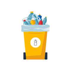 Plastic waste. Dustbin full of garbage. Trash recycle concept. Yellow bin with a pile of used bottles, bags. Rubbish segregation. Isolated cartoon or flat vector object for environmental designs.
