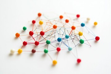 Obraz premium Connecting Colorful Push Pins with String Network on White Background