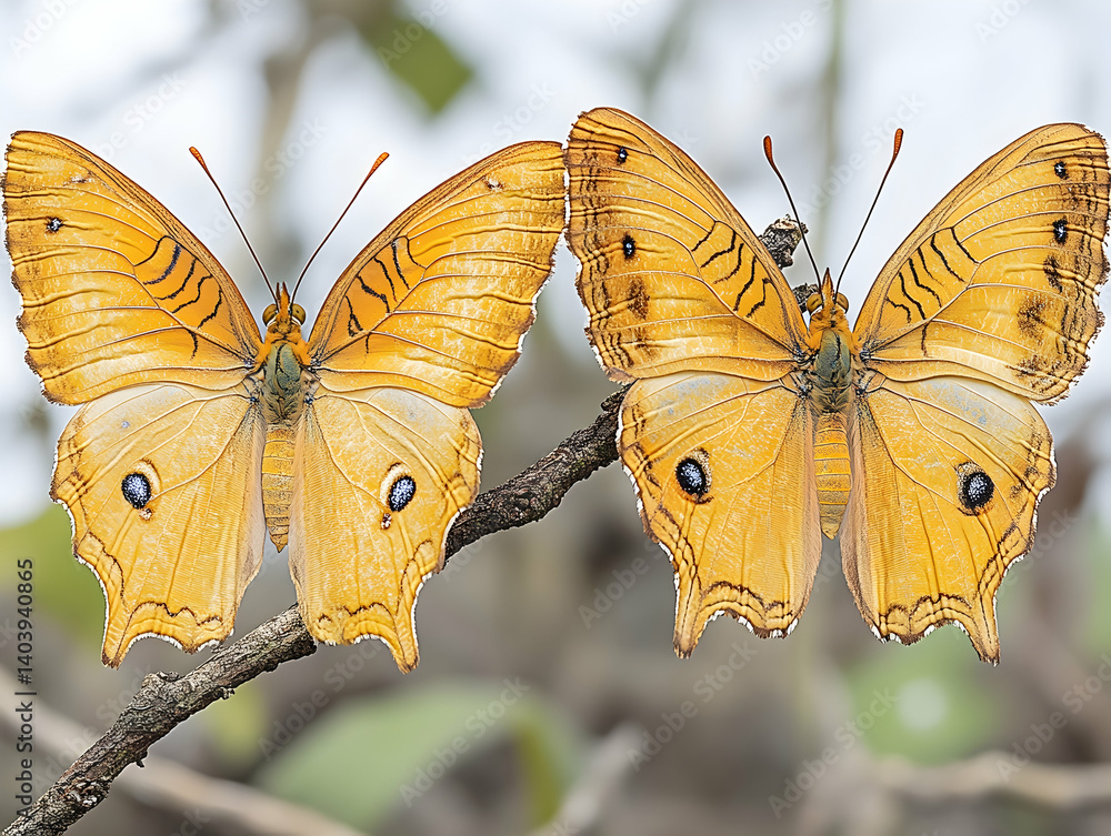 Poster two orange butterflies perched on a twig wings partially open displaying intricate patterns