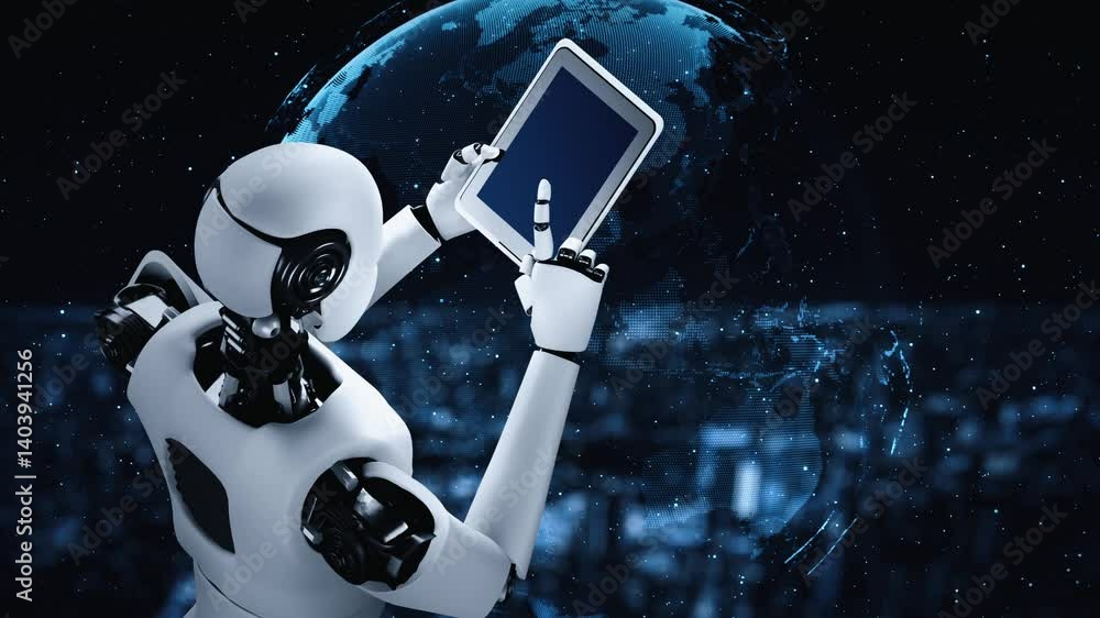 Poster robot hominoid using tablet computer for global network connection using ai thinking brain , artific