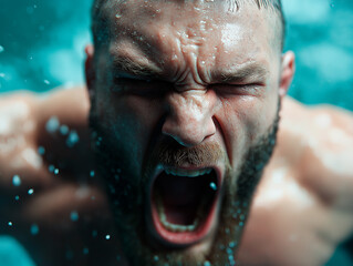 Bearded man screaming with full intensity, sweat and tension showing pure rage. Scream and anger dominate this powerful emotional portrait.