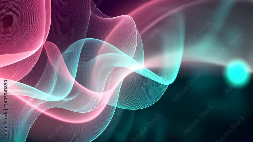 Poster abstract background of glowing lines in flowing motion creating wave shapes, pink and turquoise on a