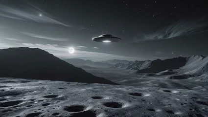 Photo sur Plexiglas A sleek ufo navigates above a lunar landscape, a full moon illuminating the alien world at night.