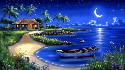 Tropical Night Beach Cabin Moonlit Scene. Possible Use Stock photo for travel, vacation, or relaxation themes