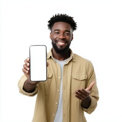 A man holding phone in one hand and smiling happily while looking at screen isolated on white background 