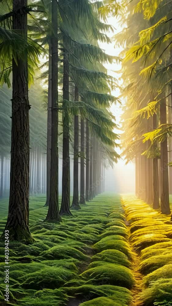 Poster sunlit pathway through a dense forest of tall trees with a vibrant green moss ground cover, creating