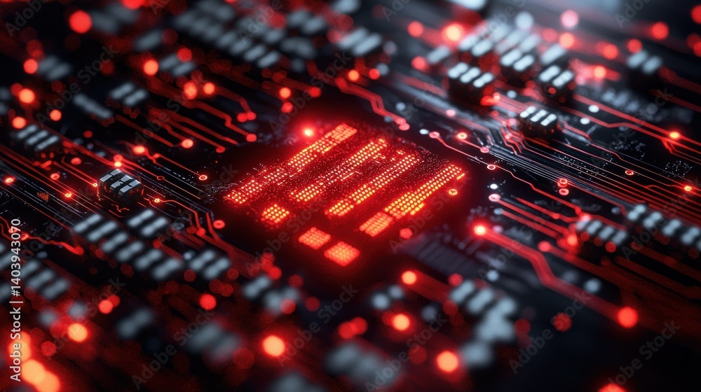Poster illuminated circuit board: a close-up of red led lights on a microchip