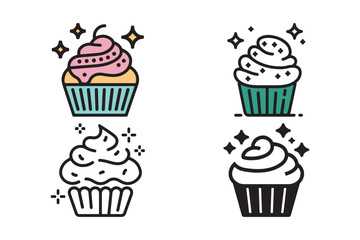Cute Cupcake Clipart Set Colorful Dessert Vector Icons with Frosting and Sparkles