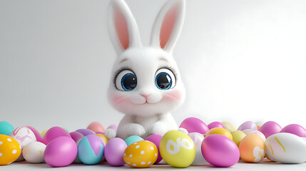 Fototapeta premium Easter Bunny Cute with Eggs Basket on white Background 