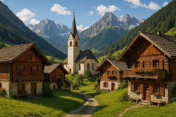 Fototapeta premium Picturesque Village Nestled in a Lush Valley With Mountains in the Background During Sunny Daytime