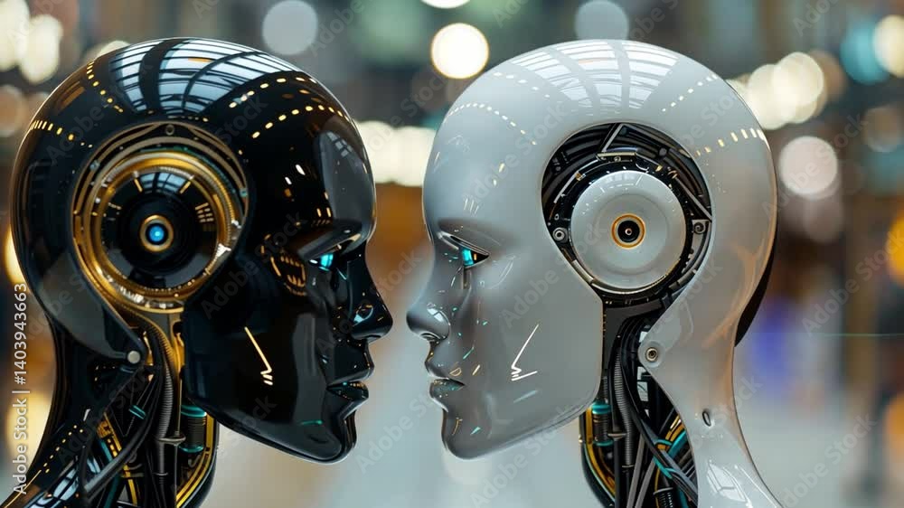 Fototapete Two human-like AI robots stand face to face in a modern environment, showcasing their intricate features and technological complexity. The setting highlights a blend of innovation and artistry.