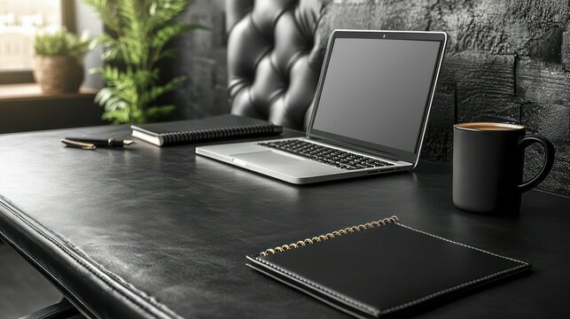 Modern workspace with laptop, coffee, and notebooks