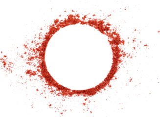 Red paprika, pepper powder pile, round frame and border isolated on white, top view