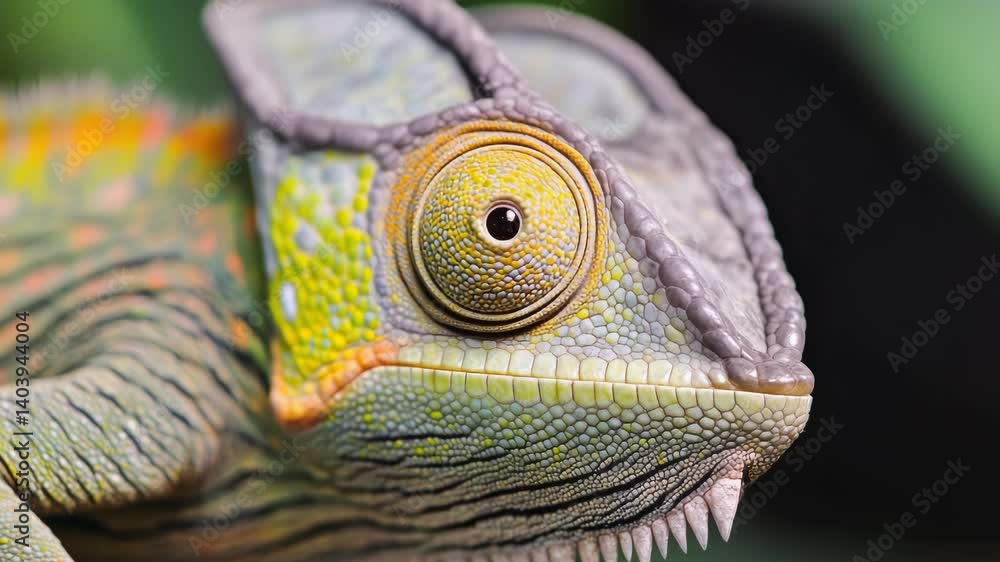 Poster a close-up shot of a chameleon's head, showing its unique features and colors.