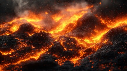 Molten lava flows across a volcanic landscape