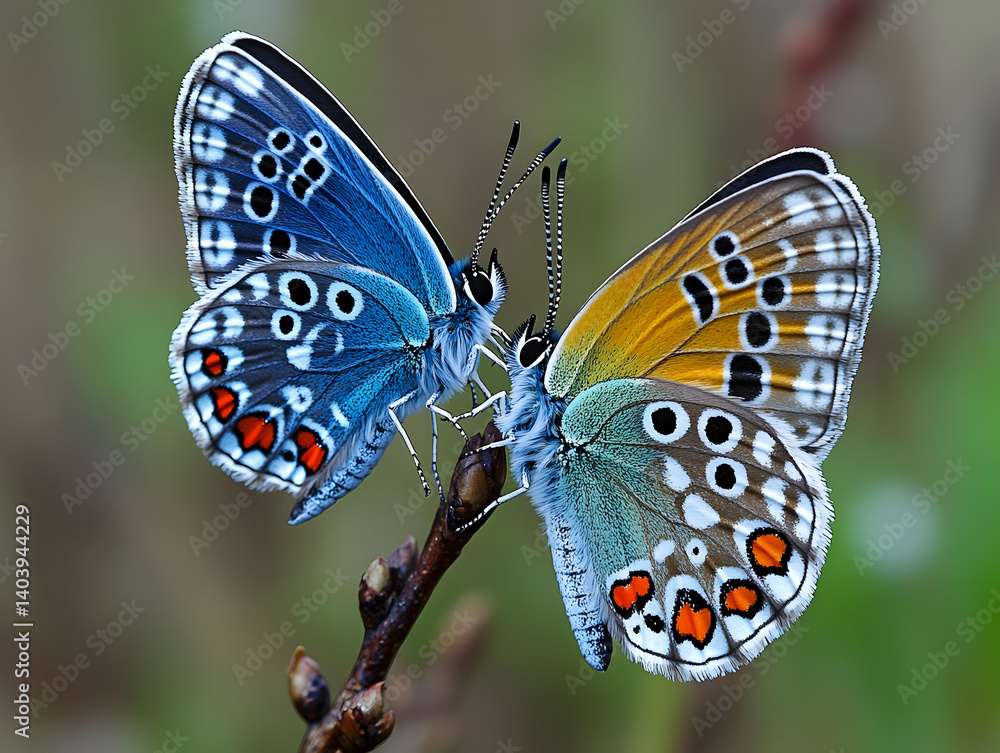 Poster two stunning vibrant butterflies face each other atop a twig they have unique and colorful patterns