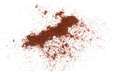 Milled coffee powder line pile, isolated on white, top view