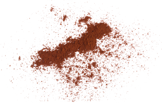 Milled coffee powder line pile, isolated on white, top view