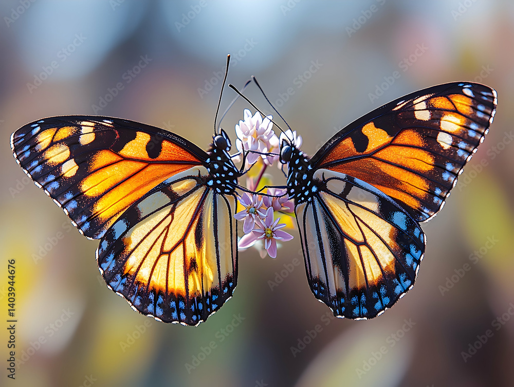 Poster two vibrant butterflies perch on a cluster of delicate flowers wings displaying intricate patterns