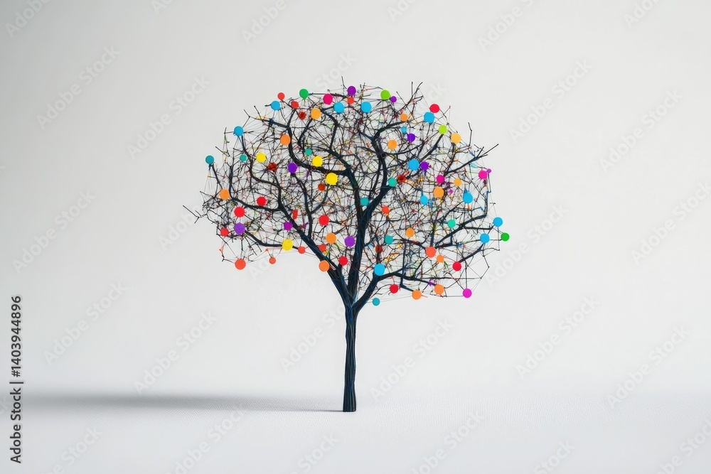 Poster abstract tree with colorful dots against a clean white background